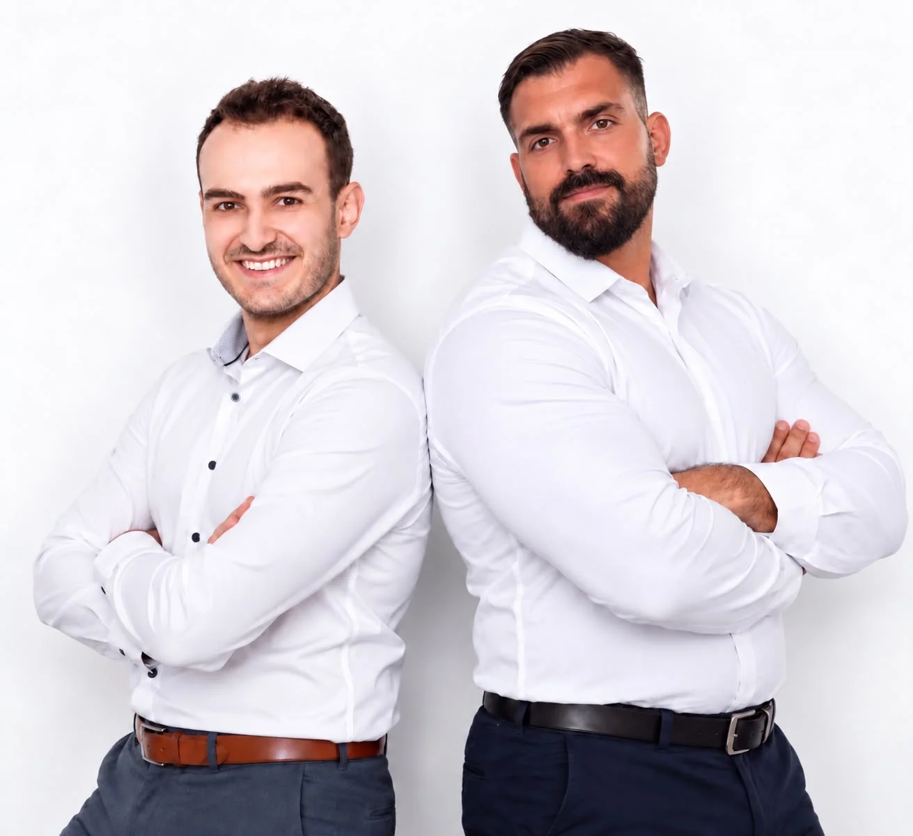 Das Team der Mullis GmbH, zwei Männer in weißen Hemden Rücken an Rücken