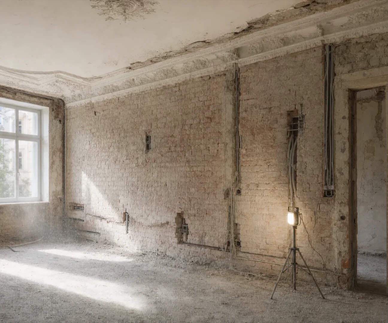 Entkernter Altbau-Raum mit offenem Mauerwerk