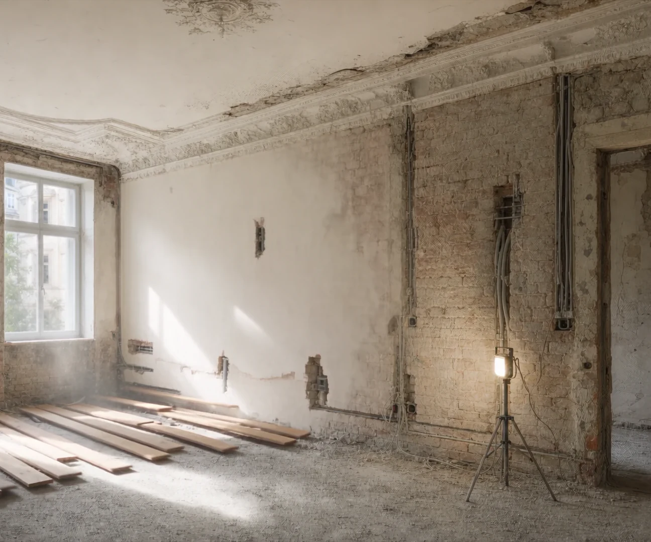 Altbau-Raum in der Planung, überzeichnet mit Maßlinien